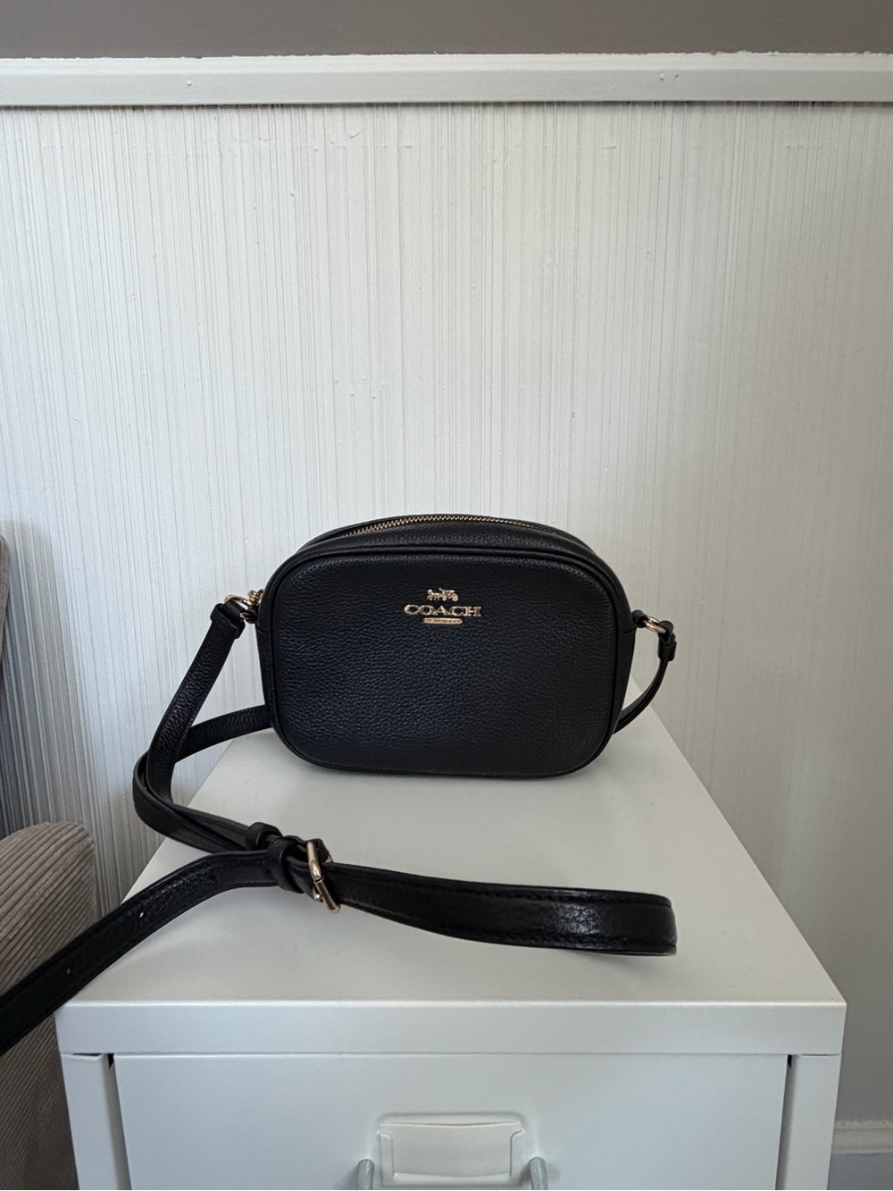Coach Black Pebbled Leather Crossbody Camera Bag with Gold Hardware